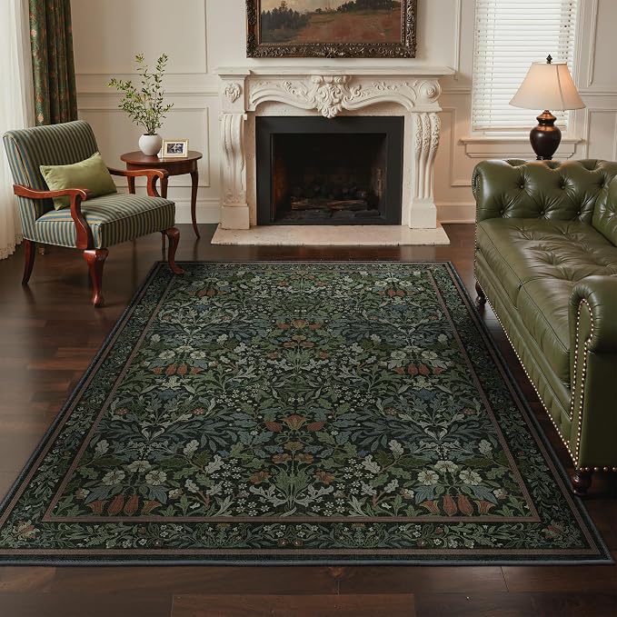 GENIMO 3x5 Washable Entryway Rug, Non Slip Bedroom Mat, Dark Green | Vintage Boho Floral Low Pile Thin Carpet for Bedroom, Dining Room, Nursery, Indoor Decor