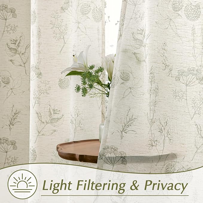FMFUNCTEX Linen Curtains Floral Patterned Curtain for Bedroom Living Room, Sage Green Curtains 96 Inches Long Farmhouse, Light Filtering Beige Window Curtain Grommet Top 2 Panels Set
