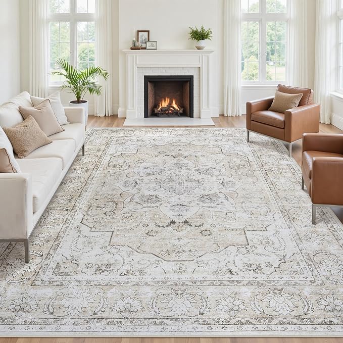 9x12 Area Rugs for Living Room:Beige Washable Vintage Medallion Carpet Non-Slip Soft Low Pile Large Rugs Indoor Retro Rug for Bedroom Nursery Dining Table Office Home(Beige White, 9'x12')