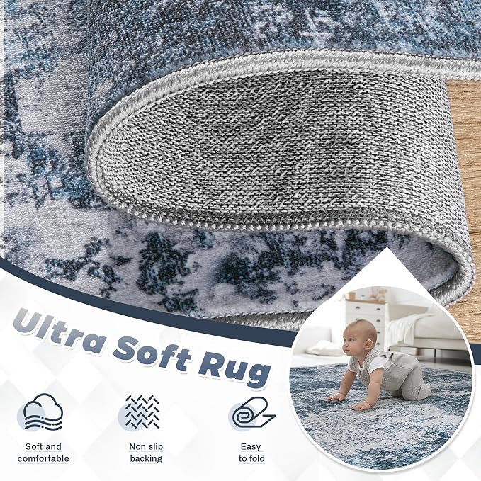 pmtsns Area Rugs 8x10 for Living Room: Washable Rug Modern Abstract Neutral Soft Non-Slip Low-Pile Indoor Large Carpet for Bedroom Dining Room Playroom Home Office (Blue Grey, 8'x10')