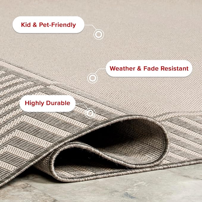 Nuloom Asha Light Grey/Ivory, 4' x 6', Casual, Striped Border, Soft and Cozy, High Traffic, Easy Clean, Durable Area Rug for Indoor/Outdoor Patio, Deck, Porch, Garden, Courtyard