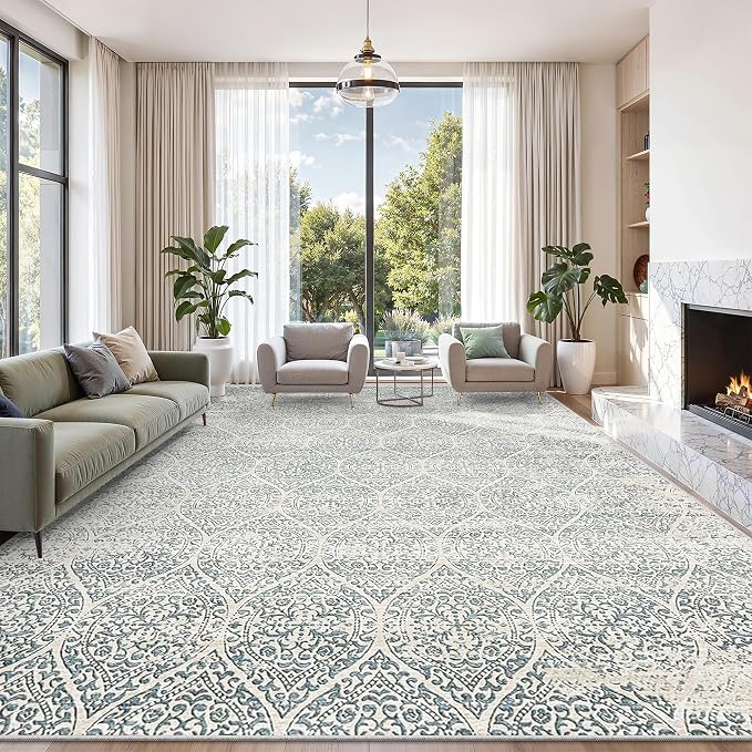 Soalmost 10x14 Area Rug for Living Room, Moroccan Trellis Washable Soft Rug | Stain Resistant Non-Slip Low Pile Natural Extra Large Carpet for Dining Room Bedroom Home Office Nursery Teal Blue, 10'x14'