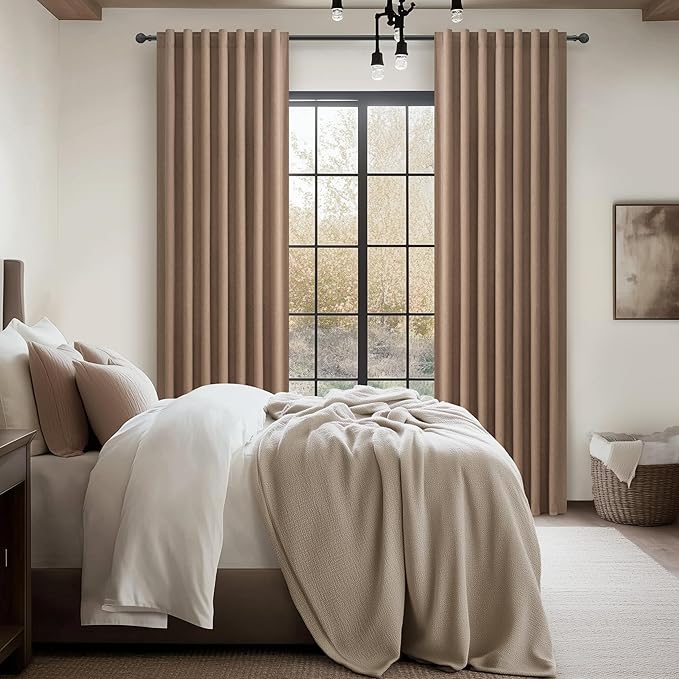 100% Blackout Curtains 86 Inch Length 2 Panels Set Farmhouse Style for Bedroom Windows/Living Room Thermal Insulated Neutral Boho Drapes Linen Blend Chocolate RustBrown Long Hook Belt Pleated