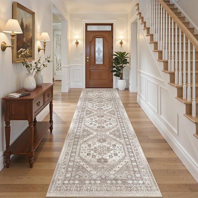 2'6" x 10'Non Slip Runner Rugs - Runners for hallways, Kitchen,Entryway,Stain Resistant Washable Rugs for Bedroom, Indoor Vintage Area Rugs (Brown/Beige,2'6" x 10')