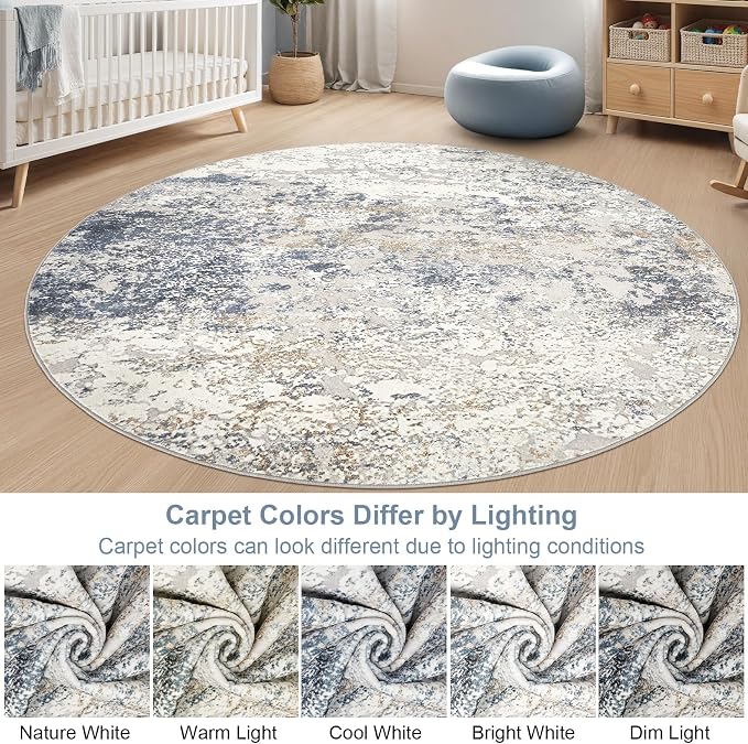 8ft Round Area Rug Living Room Rugs - 8x8 Washable Large Soft Indoor Neutral Modern Abstract Low Pile Rug Carpet for Bedroom Dining Room Farmhouse Home Office - Beige Blue