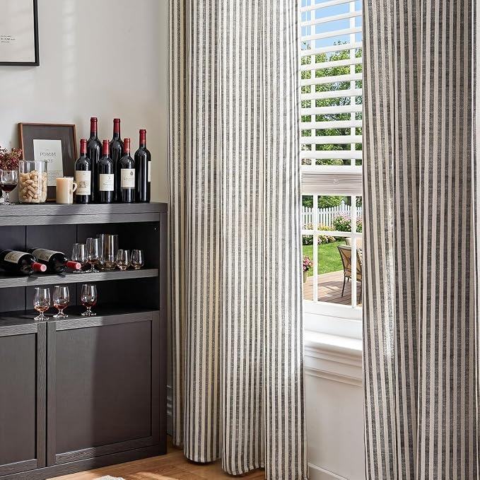 jinchan Linen Curtains 84 Inch Black Stripe on Beige Back Tab 4 Panels | Curtains For Living Room Bedroom,Ticking Stripe Pattern, Farmhouse Cottage Core Rustic,Window Treatment,Light Filtering