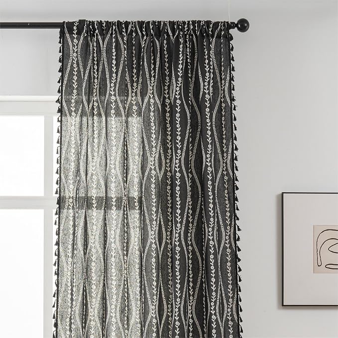 Sutuo Home Boho Curtains 63 Inches Length for Kitchen Doorway Cafe Dining Room, Stripe Floral Vintage Tassels Window Treatment Drape for Halloween Decorations Rod Pocket, 1 Panel 59" W x 63" L,Black