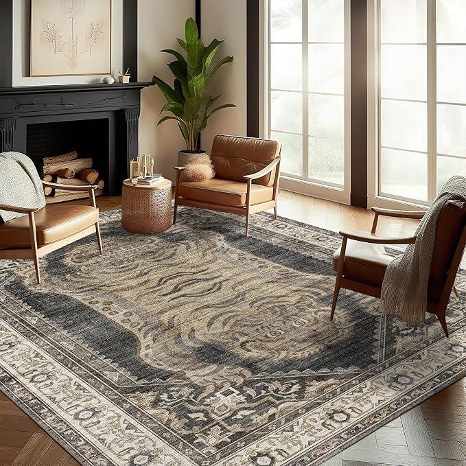 CHAMPLANT Washable Area Rug 8'x10' Retro Boho Design Non-Shedding Non-Slip Easy Care Ideal for High Traffic Areas in Living Room Bedroom Office Coffee Table Kitchen Large Carpet