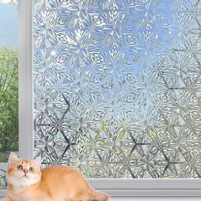 KESPEN Frosted Glass Window Privacy Film, Decorative Frost Window Clings for Home and Office, 97% UV Blocking Window Stickers, Rainbow Film Door Covering Hexagonal Pattern, 17.5 Inch X 6.5Feet
