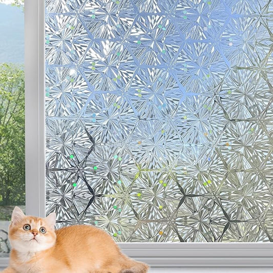 KESPEN Frosted Glass Window Privacy Film, Decorative Frost Window Clings for Home and Office, 97% UV Blocking Window Stickers, Rainbow Film Door Covering Hexagonal Pattern, 35.4 Inch X 6.5 Feet