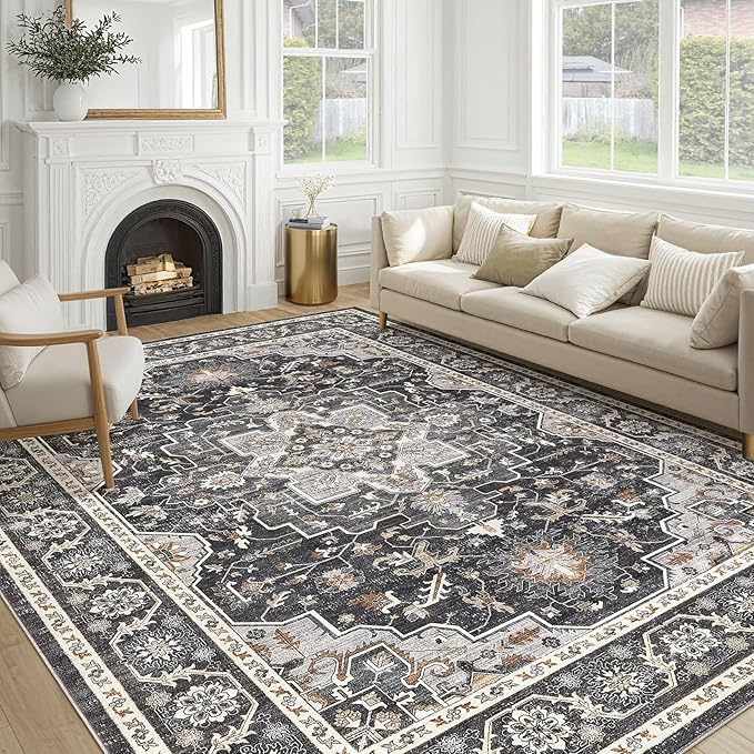 Vintage Living Room Area Rug 9x12 - Large Soft Washable Oriental Traditional Distressed Farmhouse Rugs for Bedroom - Indoor Floor Accent Carpet for Home Office House Decor - Black
