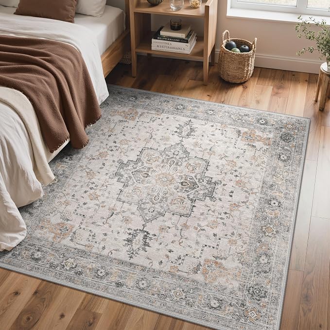 GENIMO 4x5 Area Rugs for Living Room, Machine Washable Rug, Non Slip Indoor Vintage Rug, Low Pile Lightweight Print Carpet for Bedroom Dining Room Home Office, Light Taupe Brown