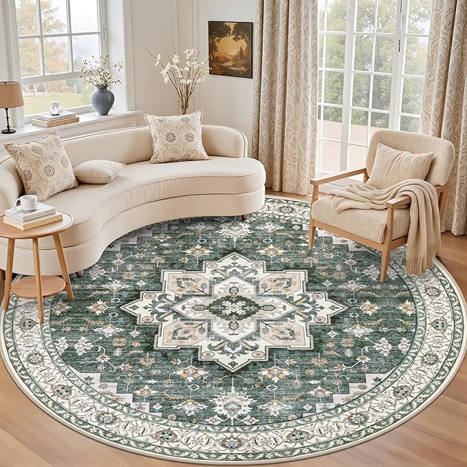 Round Area Rug for Living Room: 8 ft Washable Vintage Boho Soft Thin Circle Rug Indoor Floor No Slip Stain Resistant Carpet for Bedroom Dining Room Farmhouse Nursery Home Office - Green Ivory