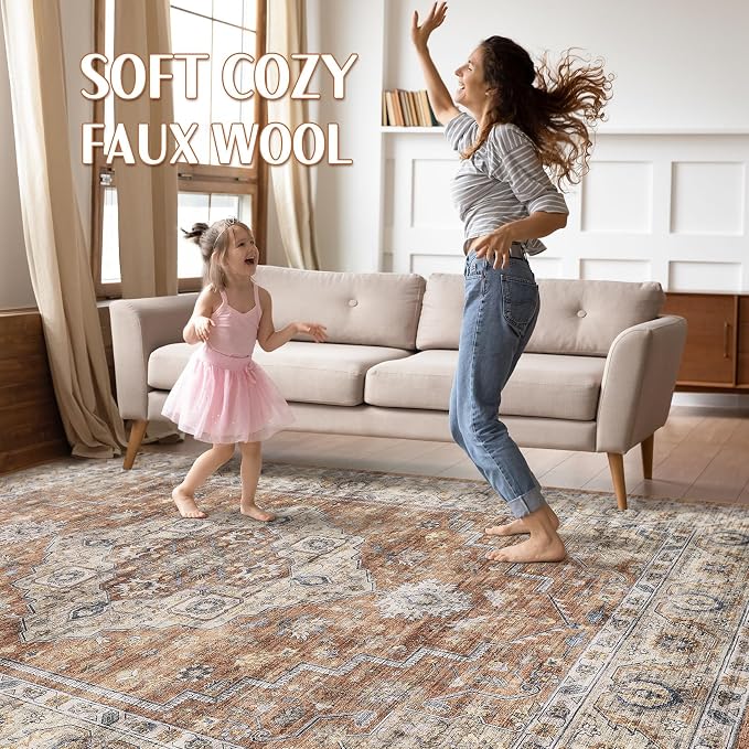 7x9 Area Rug Living Room: Washable Boho Large Neutral Vintage Soft Rug Stain Resistant Farmhouse Non-Slip Indoor Floor Carpet for Bedroom Nursery Kids Playroom Office Dining Room- Terracotta