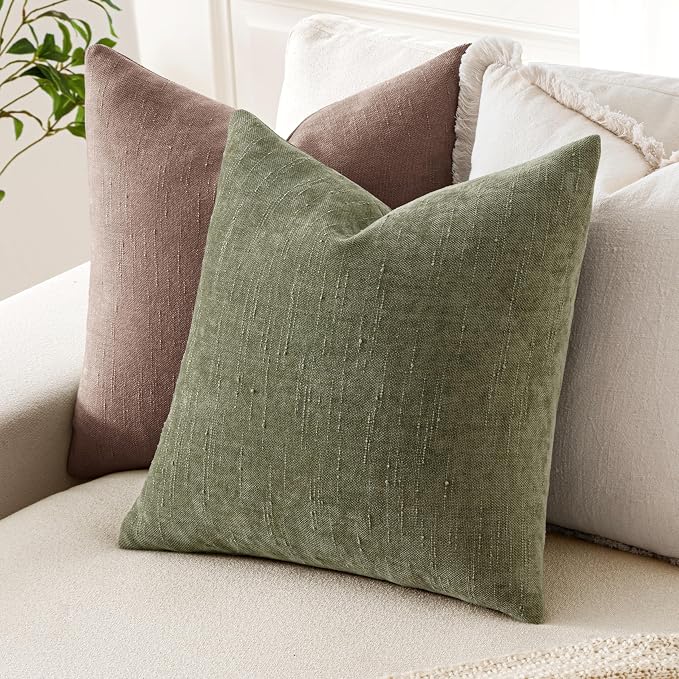 MIULEE Pack of 2 Decorative Throw Pillow Covers Soft Chenille Christmas Throw Pillows Solid Textured Cushion Covers for Spring Couch Sofa Bedroom Living Room 18x18 Inch, Olive Green
