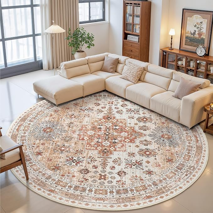 zesthome 9ft Round Rugs for Living Room, Non-Slip Washable Round Area Rugs, Ultra-Thin Large Circle Rugs, Soft Low Pile Rug for Bedroom, Kitchen - Vintage Stain Resistant Round Rug (Orange,9'x9')