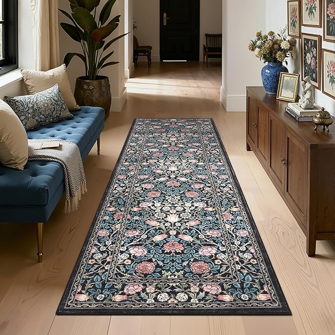 GarveeHome Indigo Blue 2.5x8 Runner Rug Washable Kitchen Rugs Non Slip Vintage Floral Boho Long Rug for Hallways Bedroom Entryway Bathroom Mat TPE Backing