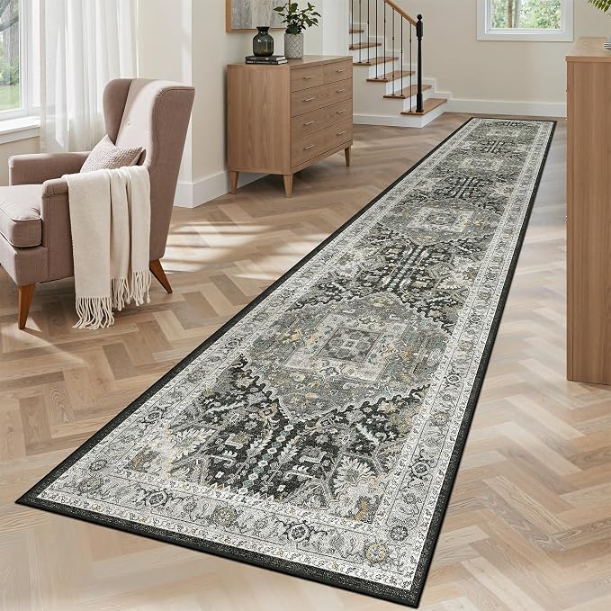 Madane Washable Runner Rugs 2x12 for Hallway Kitchen Grey Green/Black Olive | Non-Slip Vintage Printed 12ft Long Rug Runners with Rubber Backing, Thin Low-Pile Floor Carpet Laundry Room Entryway