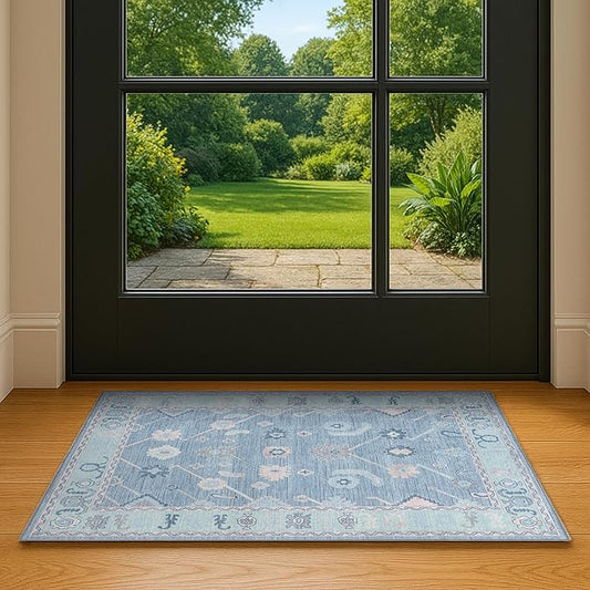 Teal Blue Oushak Area Rug 2'5x5' - Washable Area Rugs, Non-Slip Small Throw, Vintage Low Pile Turkish Eclectic Pastel, Accent Area Rug for Living Room, Bedroom Kitchen, Bathroom, Kids Room