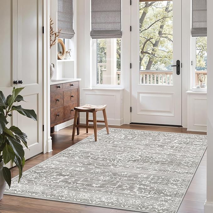 Soalmost 3x5 Area Rugs for Entryway, Washable Neutral Soft Rug Grey | Vintage Floral Low Pile Non-Slip Throw Area Rugs, Accent Rug Floral Indoor Mat for Bedside Living Room Kitchen Bedroom 3'x5'