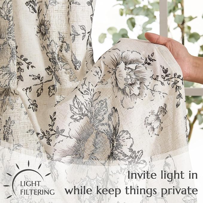 jinchan Linen Floral Tier Curtains 45 Inch Farmhouse Botanic Cafe Curtains Light Filtering Drapes for Small Windows Back Tab Half Window for Kitchen Living Room Bathroom 2 Panels Black