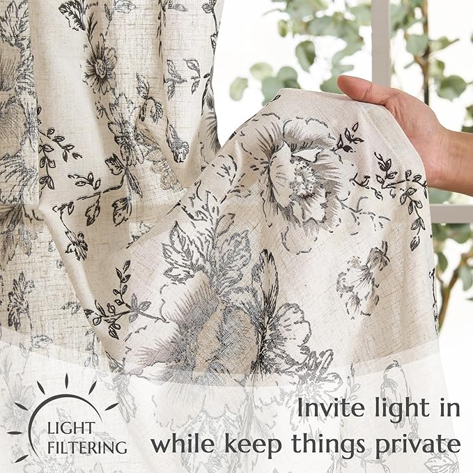 jinchan Linen Floral Tier Curtains 54 Inch Farmhouse Botanic Cafe Curtains Light Filtering Drapes for Small Windows Back Tab Half Window for Kitchen Living Room Bathroom 2 Panels Black