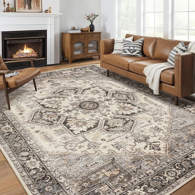 11x14 Area Rugs for Living Room - Large Carpet Ultra Thin Soft Washable Oriental Vintage Floral Distressed Rug Big Indoor Carpets for Bedroom Nursery Dorm Home Decor Aesthetic - Grey Brown