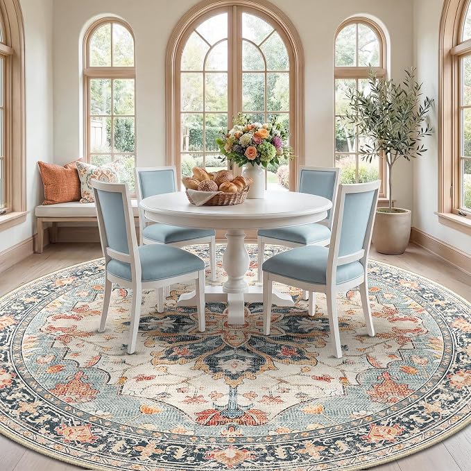 RELEANY Area Rugs Round 10ft Washable Non-Slip, Floral Vintage Distress Medallion Carpet for Living Room Bedroom Dining Room, Beige Navy Blue Orange Colorful