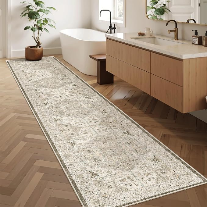 Madane Washable Runner Rugs 2x12 Long for Hallway Kitchen Soft, Ivory/Brown | Non-Slip Vintage Printed 12ft Rug Runners with Rubber Backing, Low-Pile Floor Carpet Laundry Room Entryway, Corridor