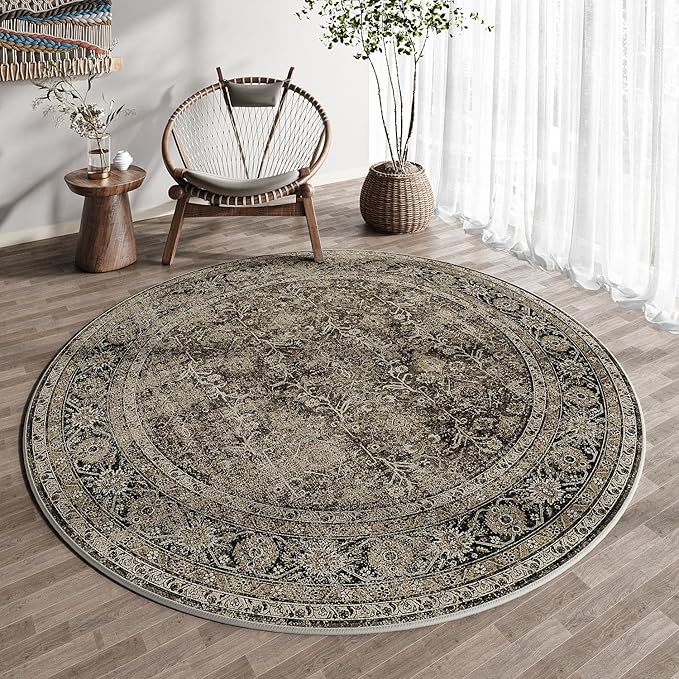 PureCozy Brown Round Area Rug 4ft Entryway 4x4 Circle Vintage Indoor Kitchen Washable Door Mat Living Room Carpet Non Slip Traditional Distressed Retro Accent Throw Rug Office Dining Room Bathroom