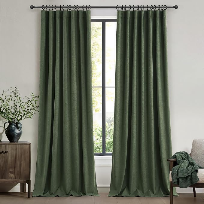 QJmydeco Privacy Curtains for Room Divider, Luxury Curtains for Living/Bedroom 100 Inch Long Dark Academia Olive Green Blackout Drapes Insulated Heavy Linen Burg for Track System(W50 xL100 2 Panels)