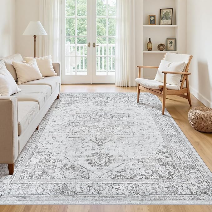 6x9 Area Rugs for Bedroom:Gray Washable Vintage Medallion Rug Non-Slip Soft Low Pile Large Rugs Indoor Retro Carpet for Living Room Kitchen Nursery Dining Table Office (Gray, 6'x9')