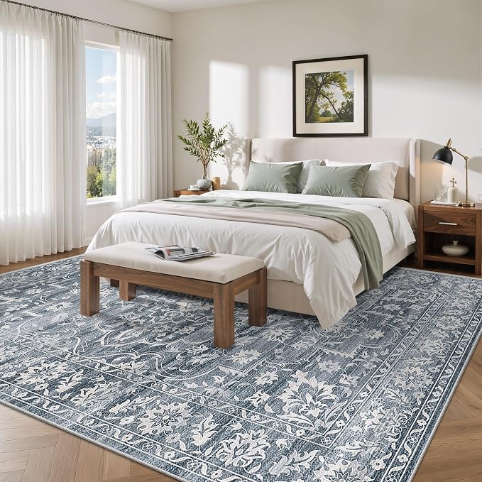 Soalmost 8x10 Area Rugs for Living Room, Washable Bedroom Soft Rug Blue | Vintage Floral Non-Slip Low Pile Stain Resistant Throw Large Neutral Carpet for Dining Room Kitchen Home Office 8'x10'