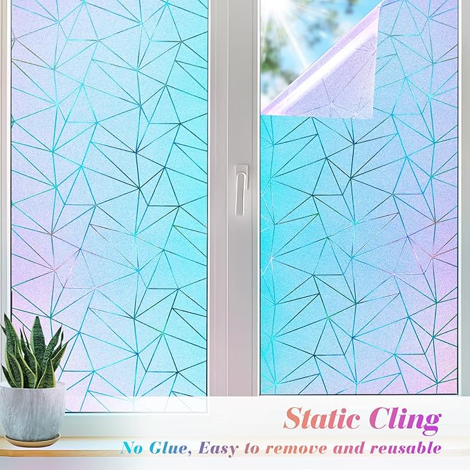 Coavas Rainbow Window Privacy Film, Frosted Glass Static Cling, Decorative for Bathroom Door, UV Blocking Window Cling, Non-Adhesive Vinyl Sticker, Day and Night Windows Tint for Home, 35.4x78.7 Inch