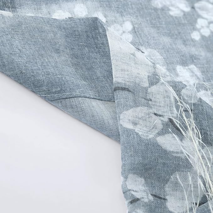 FMFUNCTEX Linen Sheer Curtains for Bedroom, Blue White Blossom Print Curtains 84 Inches Long for Living Room,Floral Patterned Farmhouse Curtain Light Filtering Window Drapes 2 Panels, Rod Pocket