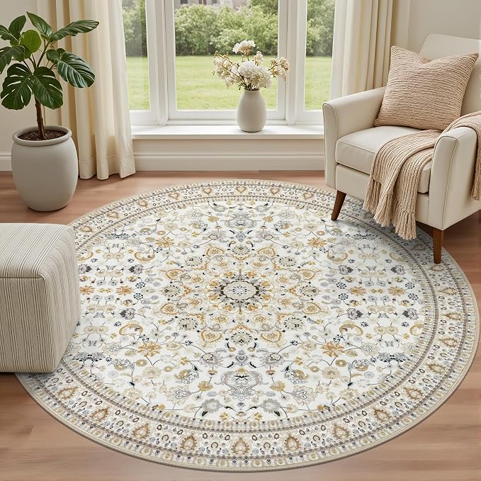Round Area Rug for Living Room: 4 ft Washable Vintage Boho Soft Thin Circle Rug Indoor Floor No Slip Stain Resistant Carpet for Bedroom Dining Room Farmhouse Nursery Home Office - Beige