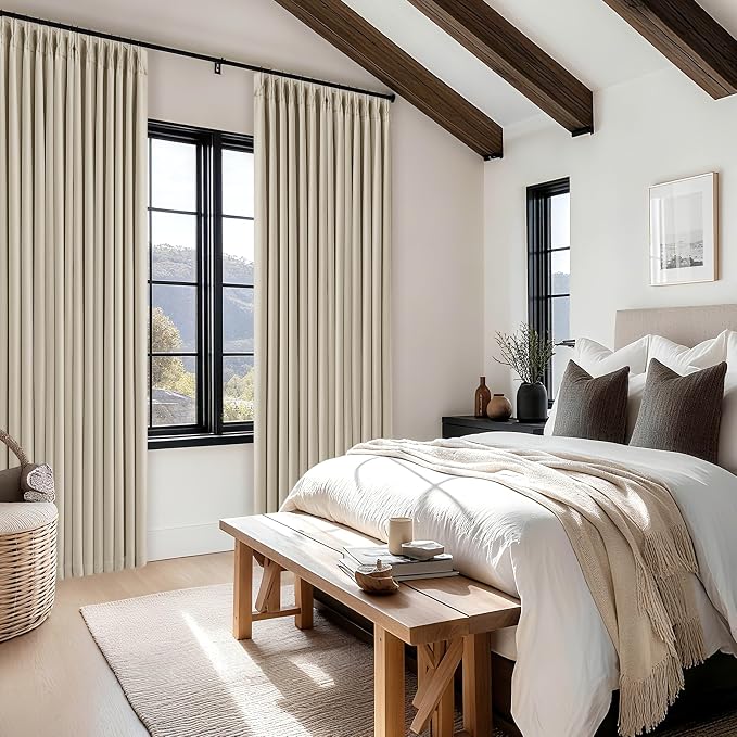 Neutral Oatmeal Pinch Pleated 100% Blackout Linen Curtains 80 Inch Length 2 Panels Set Pinch Pleat Curtains Black Out Light Blocking Room Darkening Drapes with Liner for Bedroom Living Room Window