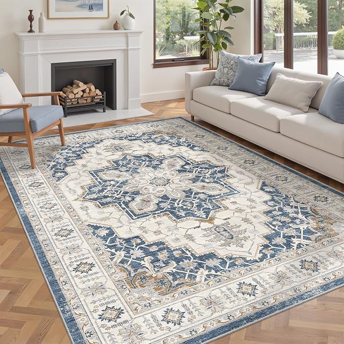 befbee 6x9 Area Rug for Living Rooms, Stain Resistant Neutral Washable Rugs for Dining Rooms, Floral Vintage Non-Slip Thin Large Size Area Rugs(Blue)