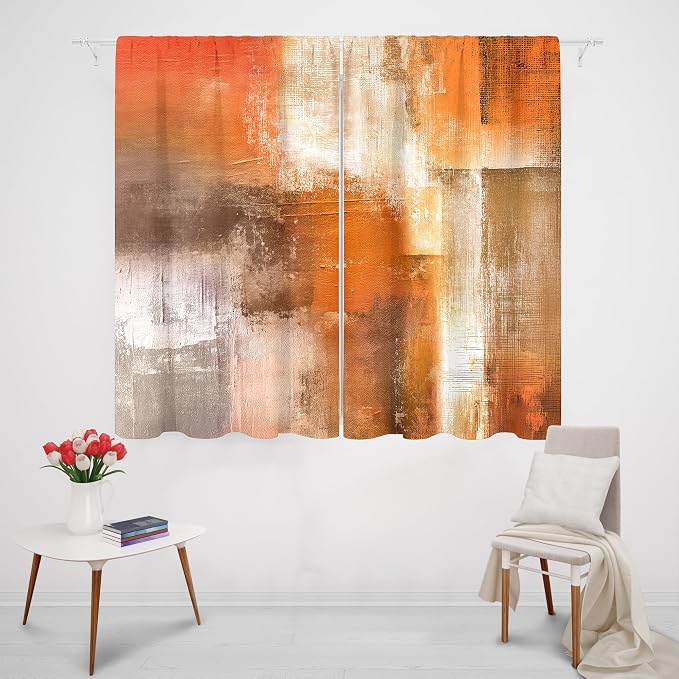 MESHELLY Abstract Burnt Orange Curtains 42Wx45H Inch Rod Pocket Gray Rust Brown Bedroom Window Drapes Watercolor Grey Oil Painting Farm Retro Modern Aesthetic Printed Living Room Window Treatment