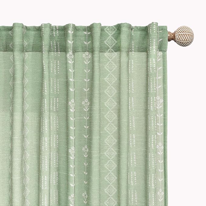 Light Green Floral Linen Spring Curtains for Living Room, 96 Inch Semi Sheer Boho Cottage Farmhouse Drapes for Bedroom Living Room, 50“ W x 96” L, 2 Panel Set