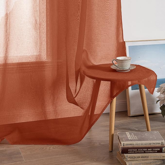 MIULEE 2 Panels Terracotta Semi Sheer Window Curtains Elegant Grommet Top Window Voile Drapes/Treatment Linen Textured Panels for Bedroom Living Room Rust Boho Retro Fall Decor (54X63 Inches)