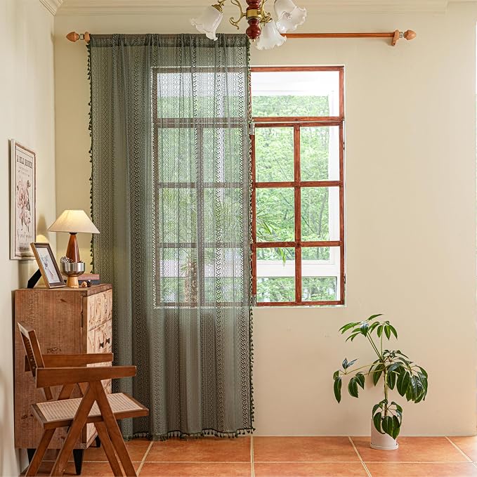 Sutuo Home Olive Green Boho Curtains 90 inches, Crochet Lace Sheer Bohemian Hollow Knitted Handmade Tassels, Privacy Vintage Farmhouse for Bedroom Living Room Easter Decor, 1 Panel 59" W x 90" L