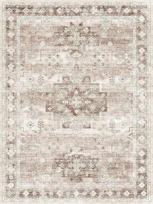 Washable Boho 6x8 Area Rug for Living Room - Vintage Beige Dining Room Rug Under the Table, Low Pile Non-Slip Rugs for Bedroom, Office - Charming Geometric Decor & Stain Resistance (6x8 Beige/Latte)