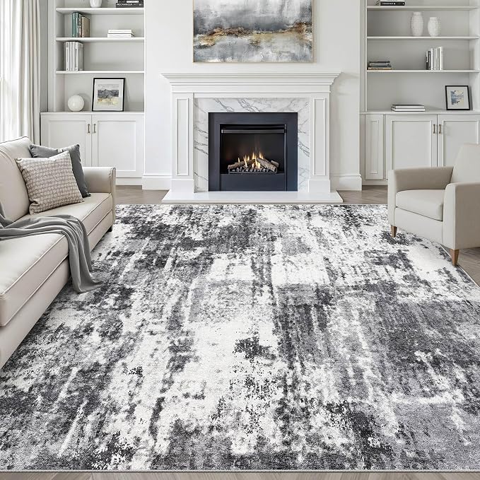 8x10 Area Rugs Living Room: Washable Large Neutral Rug Abstract Soft Modern Stain Resistant Indoor Floor Non-Slip Carpet for Bedroom Nursery Kids Office Playroom Dining Room Under Table- Black White