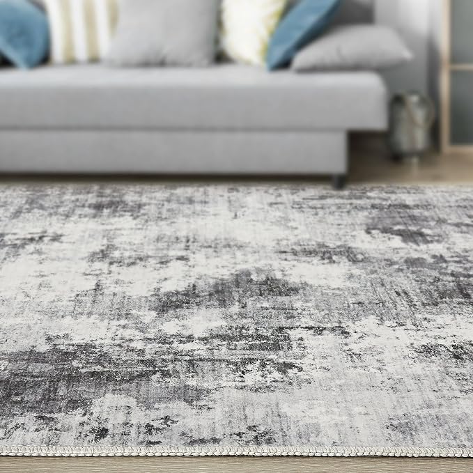 Abstract 10FT Round Rug: Machine Washable Non Slip Ultra Thin Low-Pile Carpet, Soft Stain Resistant for Living Dining Room Bedroom, Kid Pet Friendly, Robot Vacuum Compatible - Grey