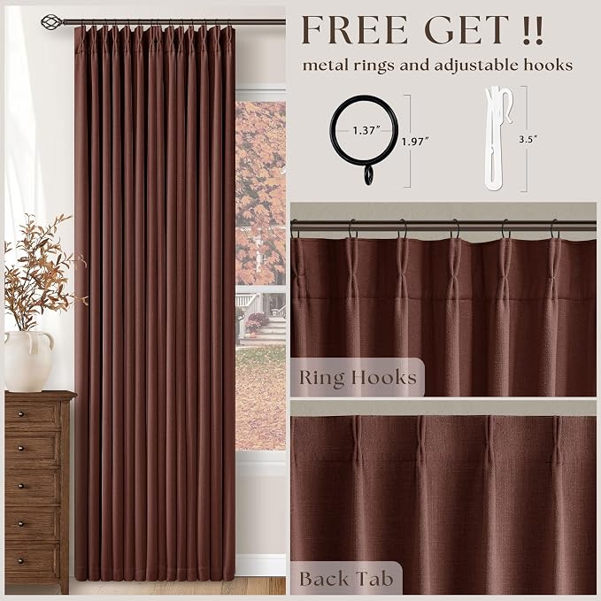 Red Brown 80 Inch Pinch Pleated Black Out Curtains 2 Panel Set for Living Room Pinch Pleat Linen Drapes with Liner 80 Inches Long 100% Blackout Light Blocking Energy Saving Curtain for Dining Bedroom