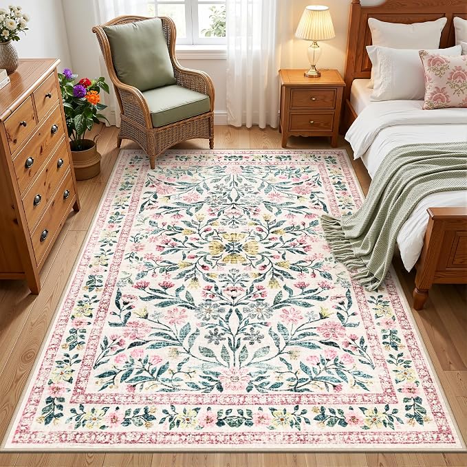 Area Rug Living Room Rugs: Floral 3x5 Washable Rug Vintage Soft Boho Non-Slip Carpet Indoor Floor Stain Resistant Large Carpets for Bedroom Dining Room Farmhouse Nursery Hallway Pink/Green