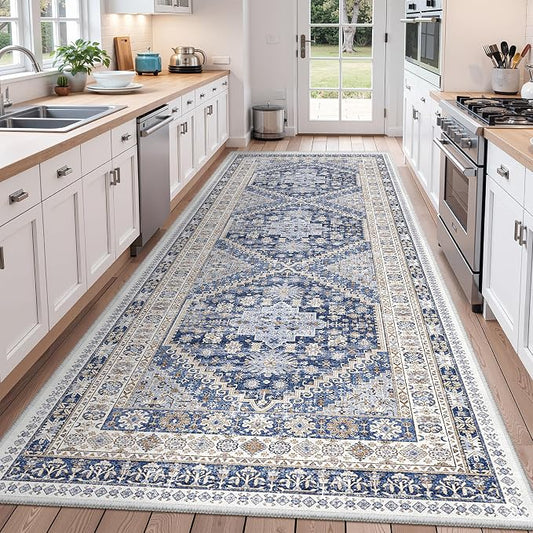 zesthome 4x12 Runner Rug for Hallway, Low-Pile Wide Runner for Entryway, Long Washable Non-Slip Kitchen Rug, Soft Modern Home Decor Mat for Living, Laundry Room(Blue/Beige,4'x12')