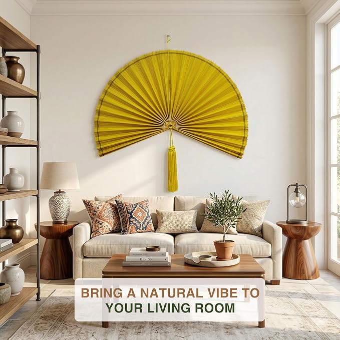 SUCHUBU Honey Yellow Wall Fan, 47" Premium Handwoven Bamboo Decor, Large Japanese Hanging Fan, Luxurious Asian Wall Art, Shimmering Boho Decor, Artisan Crafted Weaving (Yellow, Large)