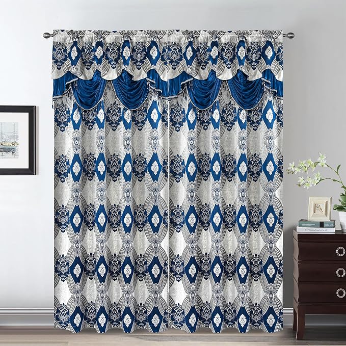 Petrichor Elegant Curtains with Gold Silver Threads 2 Panels Set - Luxury Window Treatment Attached Valance, Sheer Backing, and 2 Tie Backs for Bedroom and Living Room, 54x95 inches, Navy